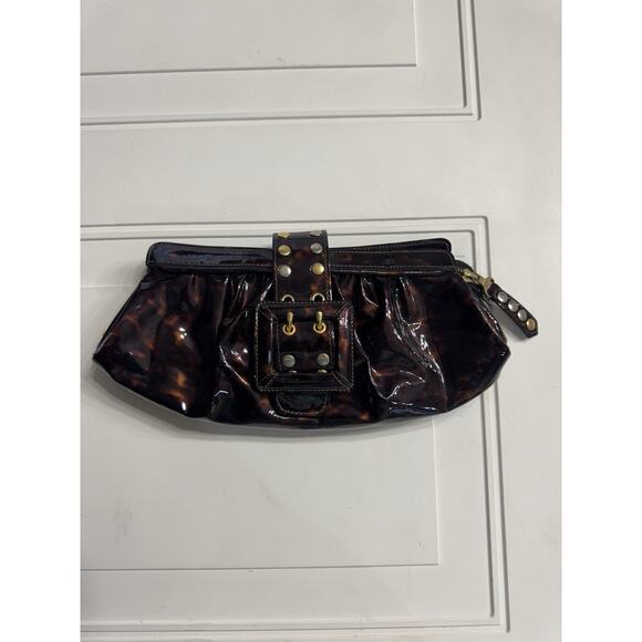 BE & D Patent Tortoise She’ll Leather Fold Over Clutch Handbag Gold Buckle - Picture 1 of 6